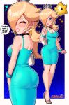  1girl 1other absurdres ass bag blonde_hair blue_dress blue_eyes blue_nails blush border bracelet breasts cleavage crown dress earrings english_text eyelashes hair_over_one_eye handbag high_heels highres holding holding_bag jewelry light_blue_dress luma_(mario) mario_(series) mini_crown nail_polish outside_border rosalina sandals sarukaiwolf short_dress smile speech_bubble star_(sky) star_(symbol) star_earrings super_mario_galaxy tight_clothes tight_dress toenail_polish toenails white_border 