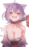  1girl absurdres ahoge animal_ear_fluff animal_ears blush breasts cat_ears cat_girl cat_tail chain chained choker cleavage cleavage_cutout clothing_cutout fang hair_between_eyes highres hololive hyde_(tabakko) large_breasts looking_at_viewer navel nekomata_okayu open_mouth purple_eyes purple_hair tail virtual_youtuber 