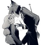  1boy 1girl alastor_(hazbin_hotel) antlers arm_behind_back cane charlie_morningstar dashi_(minzoku_gb) deer_antlers evil_grin evil_smile eye_contact glaring greyscale grin hazbin_hotel height_difference highres holding holding_cane horns long_hair looking_at_another monochrome short_hair simple_background smile 