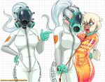  2girls ahoge barcode blonde_hair blue_eyes blush bodysuit bound braid checkered_background collar commander_rab(layer_industries) covered_face covered_navel dark_skin gas_mask glasses gloves green_gloves high_ponytail highres latex latex_gloves looking_at_viewer mask medium_hair multiple_girls multiple_views open_mouth orange_bodysuit original patreon_username pointing pointing_to_the_side ponytail restrained round_eyewear rubber_gloves single_braid skin_tight strap surprised teeth two-tone_bodysuit white_bodysuit white_hair zipper zipper_pull_tab 