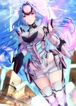  1girl blue_hair breasts highres joints kos-mos kos-mos_re: large_breasts leotard long_hair red_eyes risumi_(taka-fallcherryblossom) robot_joints sky solo xenoblade_chronicles_(series) xenoblade_chronicles_2 xenosaga 