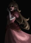  1girl bernkastelcat black_sclera blonde_hair breasts colored_sclera crown dress earrings elbow_gloves gloves highres jewelry long_hair looking_at_viewer mario_(series) open_mouth pink_dress princess_peach red_eyes smile solo sphere_earrings white_gloves 