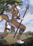 2024 anthro biped black_nose blue_sky brown_body brown_fur butt canid canine cheek_tuft claws clothed clothing cloud day digital_media_(artwork) eyebrows eyelashes facial_tuft feathers female fur grass green_eyes hair hi_res hindpaw holding_object holding_spear holding_weapon inner_ear_fluff long_hair mammal melee_weapon novery outside paws plant polearm shaded sky solo spear toe_claws tree tribal tribal_clothing tuft weapon white_body white_fur white_inner_ear_fluff