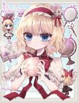  1girl alice_margatroid blonde_hair blue_dress blue_eyes blush book capelet closed_mouth cup dress fingernails fork hairband highres holding holding_cup kayon_(touzoku) key knife lolita_hairband mirror open_book red_hairband shanghai_doll short_hair solo touhou white_capelet 