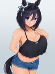  1girl alternate_costume animal_ears arm_behind_back armpits bare_shoulders black_hair black_tank_top blue_eyes blush breasts cleavage closed_mouth commentary_request cowboy_shot denim denim_shorts ear_covers eishin_flash_(umamusume) gradient_background hand_on_own_chest highres horse_ears horse_girl horse_tail large_breasts licking_lips looking_at_viewer m172/minatsu midriff navel short_hair short_shorts shorts smile solo tail tank_top tongue tongue_out umamusume 
