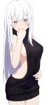  1girl absurdres backless_outfit black_sweater breasts camui1104 closed_mouth dress echidna_(re:zero) grey_eyes highres light_blush long_hair medium_breasts meme_attire re:zero_kara_hajimeru_isekai_seikatsu sideboob simple_background smile solo sweater sweater_dress thick_eyelashes turtleneck turtleneck_sweater virgin_killer_sweater white_background white_hair 