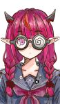  1girl braid coke-bottle_glasses collarbone demon_horns glasses hololive hololive_english horns irys_(gamer)_(hololive) irys_(hololive) light_frown long_hair looking_at_viewer mangotaingo pointy_ears red_eyes red_hair school_uniform solo twin_braids virtual_youtuber 