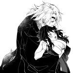  1boy 1girl and_rira arm_under_breasts blush breasts couple crystal earrings eyepatch from_above from_side greyscale hand_up haori height_difference hetero hug hug_from_behind husband_and_wife japanese_clothes jewelry kimetsu_no_yaiba kimono large_breasts long_hair long_sleeves looking_at_another monochrome one_eye_covered open_mouth short_hair signature smile suma_(kimetsu_no_yaiba) surprised uzui_tengen 