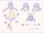  1girl animal_ear_hood blue_eyes blue_hair blue_sailor_collar chibi closed_eyes closed_mouth coffee_cup color_guide cup disposable_cup dress heart highres hood jacket kneehighs long_hair one_eye_closed original pom_pom_(clothes) reference_sheet sailor_collar signature smile snow_(iceysnowie) snowflakes socks solo striped_clothes striped_socks twintails vertical-striped_clothes vertical-striped_socks white_hood white_jacket white_socks wide_sleeves yellow_dress yellow_footwear 