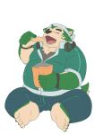  2021 anthro bottomwear canid canine canis clothing domestic_dog eating eyes_closed food fur green_body green_fur headphones headphones_around_neck hi_res humanoid_hands kemono live-a-hero male mammal mokdai overweight overweight_male pants pihii3 shirt simple_background sitting solo topwear video_games white_background 