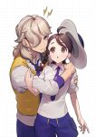  1boy 1girl :o angry arven_(pokemon) braid brown_hair collared_shirt hair_ornament hair_over_one_eye hat highres jealous juliana_(pokemon) multicolored_hair necktie open_mouth pokemon pokemon_sv purple_necktie purple_shorts sakai_(motomei) school_uniform shirt short_hair short_sleeves shorts two-tone_hair uva_academy_school_uniform 