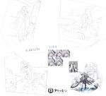  1girl absurdres azur_lane black_footwear black_gloves boots breasts coat expressions full_body gloves highres kursk_(azur_lane) kurumi_(recycllamo) large_breasts long_coat mechanical_tail multiple_views sketch spread_legs squatting standing tail thigh_boots white_coat white_hair 