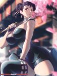  1girl absurdres bare_arms bare_shoulders black_gloves black_thighhighs blurry blurry_background breasts brown_eyes brown_hair chun-li cityscape cleavage commentary cosplay dagger double_bun fingerless_gloves gloves hair_bun high_heels highres holding holding_dagger holding_knife holding_weapon knife large_breasts looking_at_viewer opalis short_hair solo spy_x_family standing standing_on_one_leg street_fighter thick_thighs thighhighs thighs twisted_torso underwear weapon yor_briar yor_briar_(cosplay) 