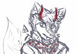 angry angry_eyes bandanna canid canine canis clothing fangs fox horn hybryd jaycemutt kerchief line_art male male/male mammal pattern_bandanna pattern_kerchief plaid plaid_bandanna plaid_kerchief red_horn shirt simple_eyes sketch t-shirt teeth topwear wolf