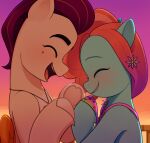 &lt;3 absurd_res beauty_mark blush brown_hair earth_pony equid equine female fur hair hasbro hi_res hoof_polish hooves horse jazz_hooves_(mlp) jewelry male mammal marenlicious mlp_g5 my_little_pony necklace open_mouth open_smile pegasus pony rocky_riff_(mlp) smile sunset tan_body tan_fur wings
