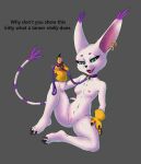 anthro bandai_namco breasts chickenmcthugget claws digimon digimon_(species) felid feline female fur gatomon genitals hi_res leash looking_at_viewer mammal nipples nude pussy simple_background smile solo tail white_body