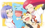  1boy 1girl blue_eyes blue_hair closed_eyes green_eyes james_(pokemon) jessie_(pokemon) meowth one_eye_closed open_mouth pokemon pokemon_(anime) pokemon_(classic_anime) pokemon_(creature) red_hair smile team_rocket umapoi wobbuffet yellow_background 