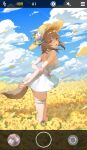  1girl :d absurdres arknights arm_behind_back arm_grab backless_dress backless_outfit bare_arms bare_shoulders blue_bow blue_sky bow breasts brown_hair brown_headwear cellphone_display cloud cloudy_sky commentary_request cutter_(arknights) day dress field flower flower_field from_side hat hat_bow hat_flower highres koshouko_(fenrisulfr1010) leaning_forward looking_at_viewer looking_to_the_side medium_breasts nail_polish outdoors petals pink_nails red_eyes sky sleeveless sleeveless_dress smile solo straw_hat tail white_dress white_flower yellow_flower 