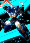  autobot boomerang dai_atlas glowing glowing_eyes highres holding holding_weapon horns mecha nichisogawa_asaryo no_humans open_mouth pointing pointing_up science_fiction solo transformers transformers_zone weapon 