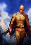  1boy absurdres bald belt black_belt bodysuit cape closed_mouth cloud cloudy_sky commentary english_commentary gloves highres male_focus one-punch_man outdoors realistic red_gloves saitama_(one-punch_man) sayrenka signature sky solo standing superhero white_cape yellow_bodysuit 