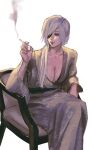  1girl breasts chainsaw_man cigarette eyepatch highres holding holding_cigarette japanese_clothes kimono long_hair medium_breasts ponytail quanxi_(chainsaw_man) simple_background smoking solo sudstance white_hair 