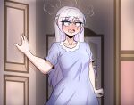  1girl blue_eyes blue_nightgown blush breasts clenched_hand collarbone hair_between_eyes head_steam highres kinathefox long_hair nightgown open_mouth opening_door rwby scar scar_across_eye sidelocks small_breasts solo standing weiss_schnee white_hair 