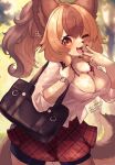 absurd_res anthro artist_name big_breasts blush bottomwear bracelet breasts brown_body brown_eyes brown_fur canid canine cleavage clothed clothing countershade_fur countershading dress_shirt english_text fangs female fur gesture hair hi_res holding_bag inner_ear_fluff japanese_text jewelry kemono looking_at_viewer loose_tie mammal multicolored_hair navel neck_tuft one_eye_closed open_mouth outside pattern_bottomwear pattern_clothing pattern_skirt plaid plaid_bottomwear plaid_clothing plaid_skirt plant pleated_skirt ponytail portrait purse school_uniform shirt skirt solo spats teeth text theta_k23 three-quarter_portrait tongue topwear tree tuft two_tone_hair uniform v_sign white_body white_fur wink
