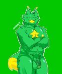 2023 alien anthro blush crossed_arms csmarcus felid feline flaccid fur genitals gnarpy green_background green_body green_fur hi_res humanoid male mammal penis regretevator signature simple_background slight_blush solo star tail tongue tongue_out watermark yellow_tongue