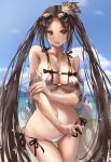  1girl beach bikini blue_sky brown_eyes brown_hair cloud collarbone commentary_request day egami eyewear_on_head fate/grand_order fate_(series) hair_ornament highres long_hair looking_at_viewer navel ocean open_mouth outdoors side-tie_bikini sky solo sunglasses swimsuit thigh_gap twintails very_long_hair white_bikini yu_mei-ren_(fate) yu_mei-ren_(swimsuit_lancer)_(fate) 