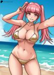  1girl alternate_costume ass_visible_through_thighs beach bikini blunt_bangs breasts cleavage fire_emblem fire_emblem:_three_houses gold_bikini hayato_stuff highres hilda_valentine_goneril large_breasts looking_at_viewer midriff navel ocean outdoors pink_eyes pink_hair smile solo swimsuit twintails v 
