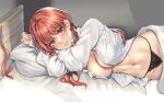  1girl bed_sheet black_panties blush breasts closed_mouth collared_shirt groin kantai_collection kokuzou large_breasts long_hair long_sleeves looking_at_viewer lying navel nevada_(kancolle) on_side open_clothes open_shirt panties pillow red_eyes red_hair shirt smile solo underwear white_shirt 
