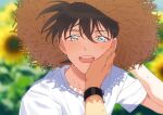  2boys :d bangs blue_eyes blurry blurry_background brown_hair brown_headwear casual collarbone commentary_request crying crying_with_eyes_open day fingernails flower hair_between_eyes hand_on_another&#039;s_cheek hand_on_another&#039;s_face hand_up happy happy_tears hat k_(gear_labo) kudou_shin&#039;ichi looking_at_viewer male_focus meitantei_conan multiple_boys open_mouth out_of_frame portrait pov pov_hands shadow shirt short_hair smile solo_focus straw_hat sunflower tears upper_teeth watch white_shirt wristwatch yaoi yellow_flower 