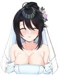  1girl ^_^ alternate_hairstyle bare_shoulders black_hair blush breasts bridal_veil cleavage closed_eyes closed_mouth collarbone commentary dress facing_viewer flower hair_bun hair_flower hair_ornament highres hoshikawa_kaguya large_breasts medium_hair nose_blush purple_flower simple_background single_hair_bun solo straight-on strapless strapless_dress swept_bangs tenshi_souzou_re-boot! tft_(tft7822) upper_body veil wedding wedding_dress white_background 