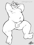 2024 absurd_res anthro balls belly domestic_pig erection feet fiercedeitylynx genitals hi_res humanoid_genitalia humanoid_penis joshua_(fiercedeitylynx) male mammal monochrome moobs nipples nude overweight overweight_male penis solo suid suina sus_(pig)