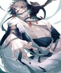  1boy 2024 animal_on_shoulder artist_name bird bird_on_shoulder black_hair blue_nails constricted_pupils cracked_skin crow dated english_commentary highres horns long_sleeves looking_at_viewer male_focus midriff_sarashi new_year open_clothes original red_eyes ribbon sarashi short_hair solo twitter_username upper_body white_background wide_sleeves yotsukino_aka 