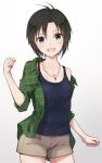  1girl :d antenna_hair bangs beige_shorts black_eyes breasts clenched_hand collarbone gradient gradient_background green_shirt hair_between_eyes highres idolmaster idolmaster_(classic) idolmaster_2 jewelry kikuchi_makoto light_blush looking_at_viewer mogskg necklace open_clothes open_mouth open_shirt pendant shirt short_hair shorts sleeves_rolled_up small_breasts smile solo tank_top 