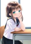  1girl blush brown_hair chair desk elbow_rest green_eyes hair_ornament hair_scrunchie hand_on_own_cheek hand_on_own_face highres indoors low_ponytail original parted_lips pleated_skirt school_uniform scrunchie serafuku short_sleeves sitting skirt solo wabi_chazuke window 