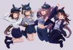  4girls absurdres alternate_costume animal_ears armpits blue_eyes blush boots breasts brown_eyes brown_hair cheval_grand_(boc&#039;z)_(umamusume) cheval_grand_(umamusume) cleavage closed_mouth commentary_request filkia grey_hair hair_between_eyes hair_ornament hat heart highres holding_hands horse_girl jacket jumping long_hair looking_at_viewer matikane_tannhauser_(boc&#039;z)_(umamusume) matikane_tannhauser_(umamusume) medium_breasts midriff multiple_girls navel shorts toono_hikaru umamusume v 