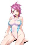  1girl absurdres bare_shoulders barefoot blonde_hair blue_one-piece_swimsuit blush breasts dot_nose highres idolmaster idolmaster_million_live! idolmaster_million_live!_theater_days large_breasts long_hair looking_at_viewer maihama_ayumu multicolored_hair one-piece_swimsuit open_mouth pink_eyes pink_hair ponytail simple_background sitting smile solo streaked_hair swimsuit takahiro_(crimson_bolt) white_background 