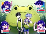  2girls 4boys aubrey_(headspace)_(omori) aubrey_(omori) baseball_bat basil_(headspace)_(omori) basil_(omori) black_hair black_thighhighs blue_overalls bow expressionless frog green_eyes green_hair green_shirt hair_bow hero_(headspace)_(omori) hero_(omori) holding holding_baseball_bat kel_(headspace)_(omori) kel_(omori) long_hair mari_(headspace)_(omori) mari_(omori) multiple_boys multiple_girls omori omori_(omori) open_mouth overall_shorts overalls pink_bow purple_eyes purple_hair shirt short_hair short_sleeves teeth thighhighs upper_teeth_only yutsu 
