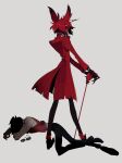  2boys alastor_(hazbin_hotel) antlers black_hair cane colored_sclera commentary_request deer_antlers dual_persona formal glasses hazbin_hotel higa423 holding holding_cane horns humanization looking_at_viewer looking_back male_focus multicolored_hair multiple_boys on_ground red_eyes red_hair red_sclera short_hair simple_background vest 