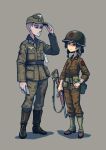  1boy 1girl canteen cigarette english_commentary erica_(naze1940) height_difference helmet highres looking_down looking_up m1_carbine military military_uniform original simple_background smoking tagme uniform watch world_war_ii 
