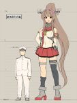  admiral_(kantai_collection) anchor blush breasts brown_hair chart detached_sleeves flower giant giantess hair_flower hair_ornament hand_on_hip hands_on_hips hat headgear height_chart height_difference height_mark high_heels highres hip_vent kantai_collection large_breasts long_hair military military_hat military_uniform mugshot naval_uniform ponytail seo_tatsuya single_thighhigh size_difference tall tall_female thighhighs translation_request uniform yamato_(kantai_collection) z_flag 