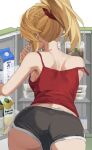  1girl ass back bare_shoulders blonde_hair braid breasts camisole carton fate/apocrypha fate_(series) french_braid grey_shorts hair_ornament hair_scrunchie highres long_hair mordred_(fate) mordred_(fate)_(all) ponytail red_camisole refrigerator scrunchie short_shorts shorts sidelocks small_breasts tonee 
