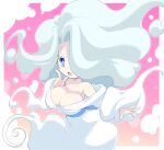  1girl aqua_hair bare_shoulders blue_eyes blush breasts cleavage enraenra_(youkai_watch) hair_over_one_eye japanese_clothes kimono large_breasts long_hair monster_girl nollety off_shoulder open_mouth solo youkai_watch 