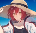  1boy adjusting_clothes adjusting_headwear black_shirt blue_sky closed_mouth collarbone flower hair_between_eyes hair_flower hair_ornament hanasaki_miyabi hat holostars jacket looking_at_viewer male_focus red_hair riri_zuran shadow shirt short_sleeves sky smile solo straw_hat virtual_youtuber white_jacket yellow_eyes 