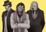  3boys ascot cowboy_shot crossed_arms dracule_mihawk facial_hair facial_tattoo fedora formal glasses goatee goatee_stubble greyscale_with_colored_background hat hat_over_one_eye looking_at_viewer looking_to_the_side male_focus mature_male medium_hair monkey_d._dragon multiple_boys necktie one_piece pencil_mustache round_eyewear silvers_rayleigh simple_background smile stubble suit tatsushima_soyogo tattoo yellow_background 