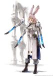  absurdres animal_ears boots bunny_ears coat final_fantasy final_fantasy_xiv floating_weapon hand_on_own_chin highres medium_hair official_art pink_hair sage_(final_fantasy) simple_background square_enix viera white_coat 