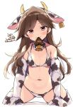  1girl animal_ears animal_print arashio_(kantai_collection) bell bikini blush breasts brown_eyes brown_hair closed_mouth cow_ears cow_horns cow_print cowbell dated elbow_gloves eyebrows_visible_through_hair gloves hair_between_eyes horns kantai_collection long_hair mouth_hold navel odawara_hakone simple_background small_breasts solo swimsuit thighhighs twitter_username white_background white_bikini white_gloves white_legwear 