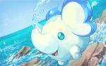  animal_focus blue_eyes blue_sky commentary dated day elephant english_commentary laikari large_ears no_humans open_mouth outdoors pal_(creature) palworld rock signature sky smile tail teafant water 